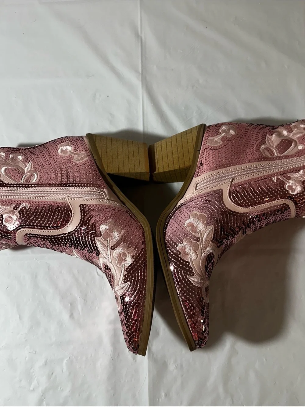Pink Unique Sequin Western Ankle Boots for Women 8.5